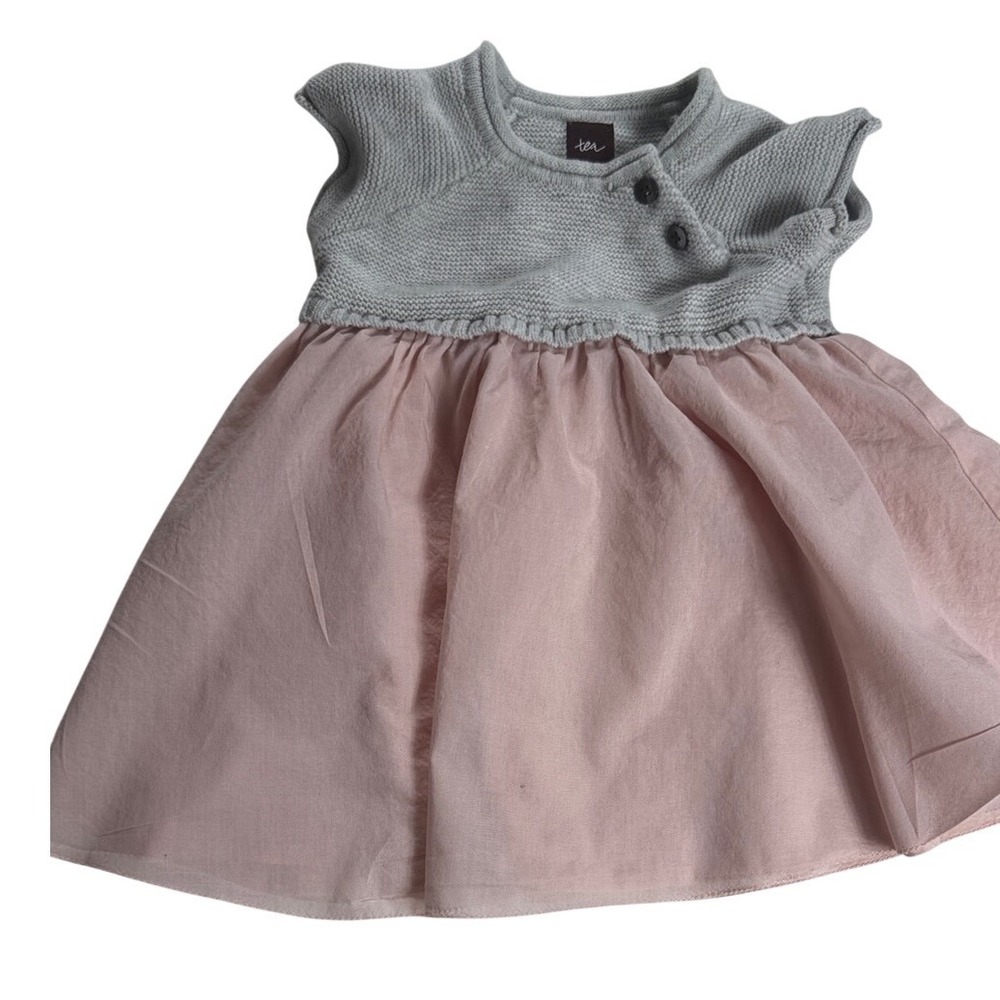 Tea Collection Baby Girl Mixed Media Knit‎ Dress Grey Pink 12-18 Months Cotton